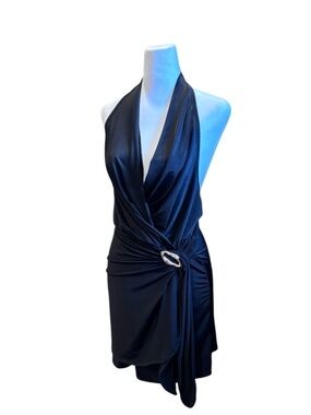 Saints & 2nts Black Halter Drape Mini Dress Ruched Side Ring Detail NWT Large